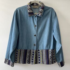 TanTrum Blues Denim Jacket Embroidered Tapestry Trim Blue Sz L